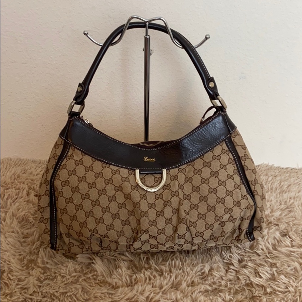 Auth Gucci Brown GG Monogram Abbey D-Ring Hobo Bag